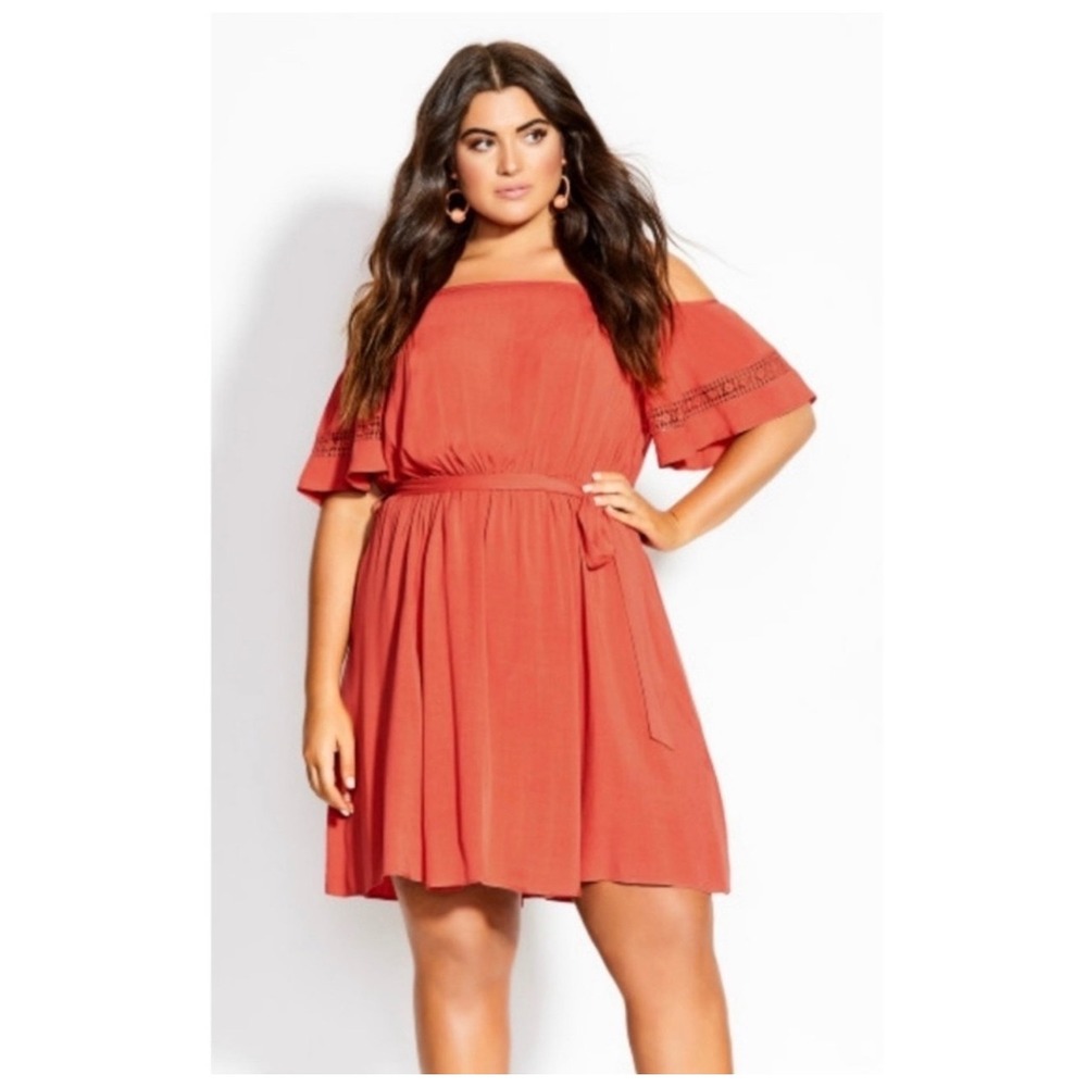 City Chic Burnt Coral Off Shoulder Tie @ Waist Cold Shoulder Eyelet Dress S 16